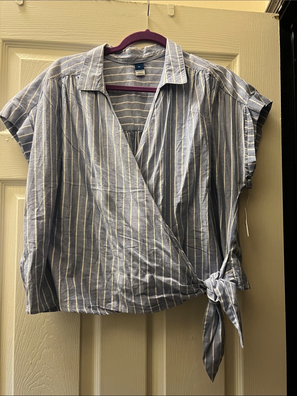 Old Navy Light Blue and White Striped Wrap Button-Down Top